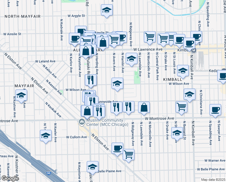 map of restaurants, bars, coffee shops, grocery stores, and more near 4538 North Avers Avenue in Chicago