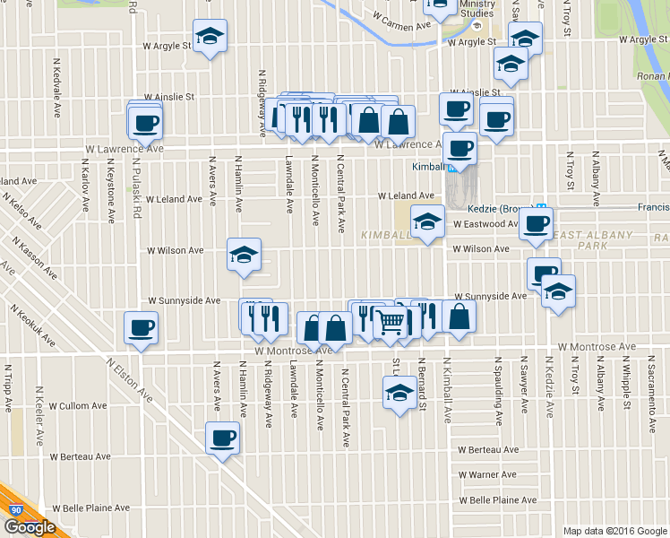 map of restaurants, bars, coffee shops, grocery stores, and more near 4536 North Central Park Avenue in Chicago