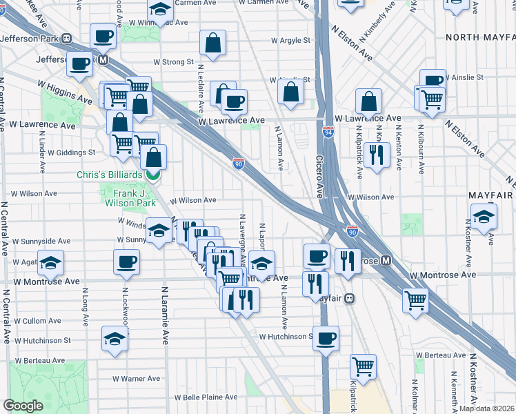 map of restaurants, bars, coffee shops, grocery stores, and more near 4550 North Laporte Avenue in Chicago