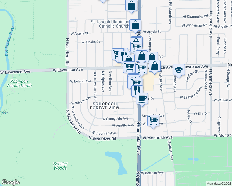 map of restaurants, bars, coffee shops, grocery stores, and more near 4608 North Maria Court in Chicago