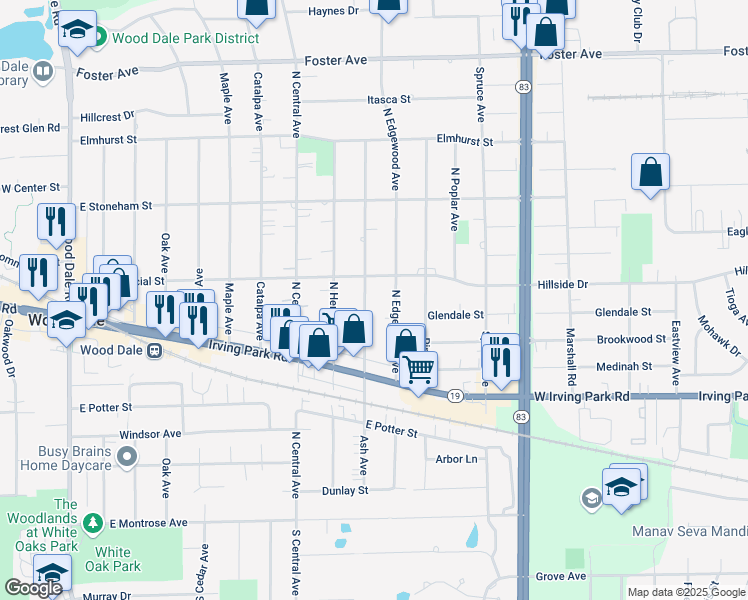 map of restaurants, bars, coffee shops, grocery stores, and more near 303 Ash Avenue in Wood Dale