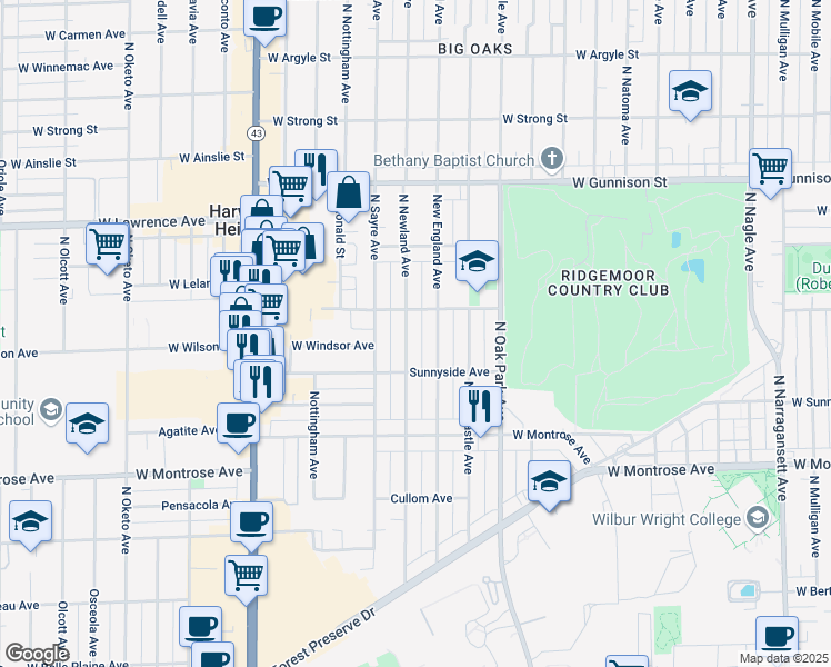 map of restaurants, bars, coffee shops, grocery stores, and more near 4539 North Newland Avenue in Harwood Heights