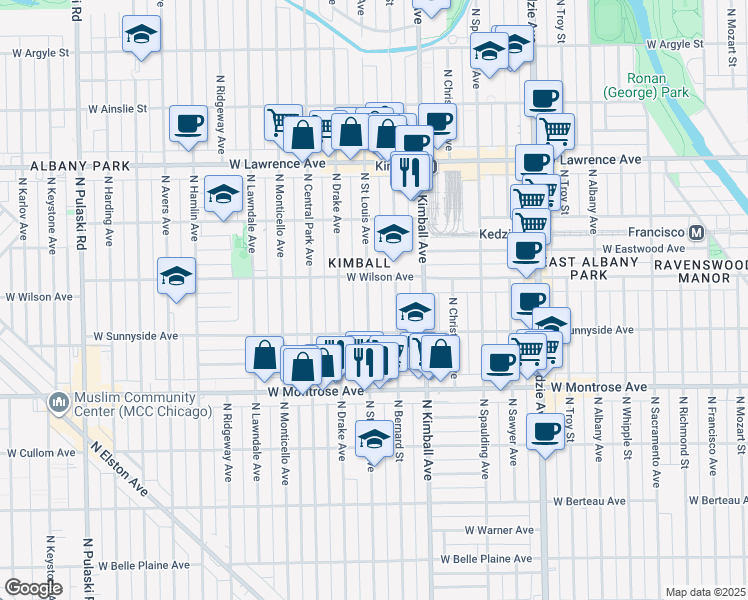 map of restaurants, bars, coffee shops, grocery stores, and more near 4535 North Saint Louis Avenue in Chicago