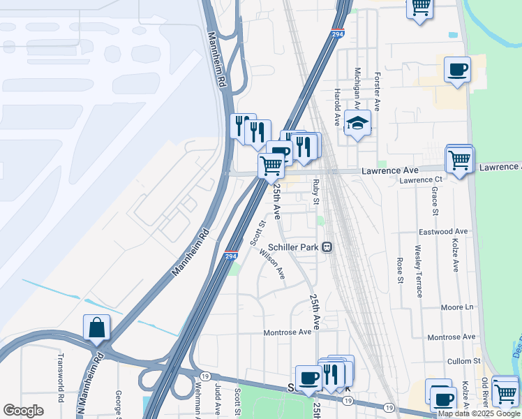map of restaurants, bars, coffee shops, grocery stores, and more near 9950 Leland Avenue in Schiller Park