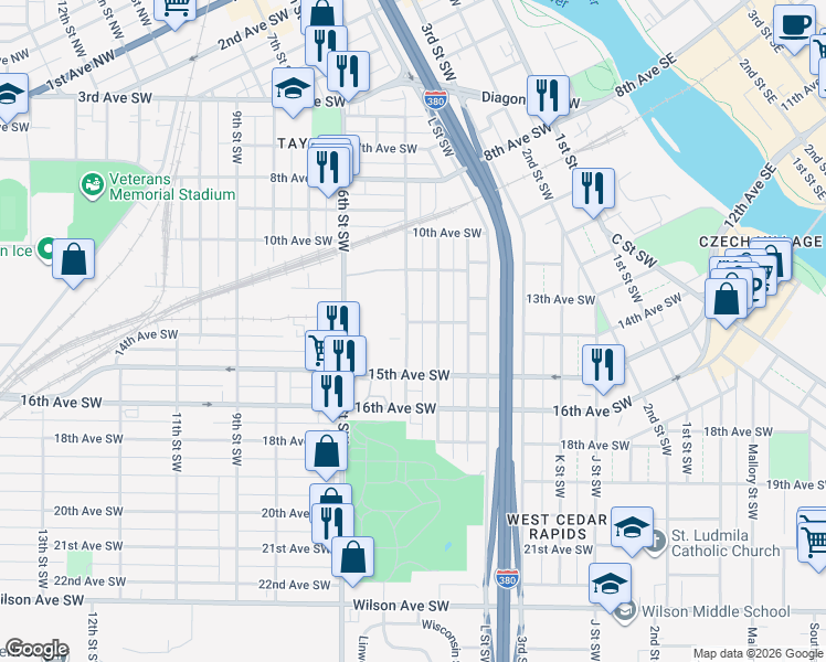 map of restaurants, bars, coffee shops, grocery stores, and more near 1407 4th Street Southwest in Cedar Rapids