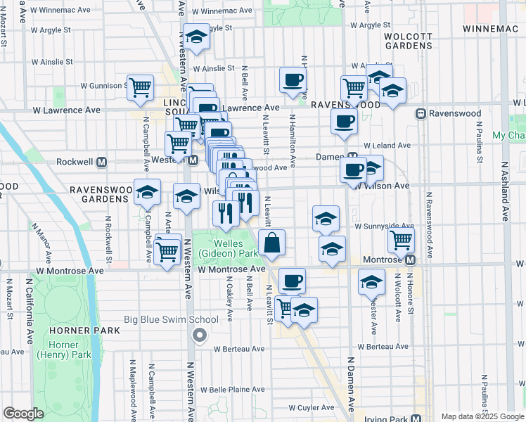 map of restaurants, bars, coffee shops, grocery stores, and more near 4522 North Leavitt Street in Chicago