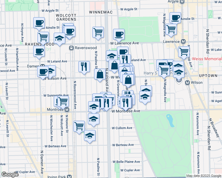 map of restaurants, bars, coffee shops, grocery stores, and more near 4517 North Ashland Avenue in Chicago