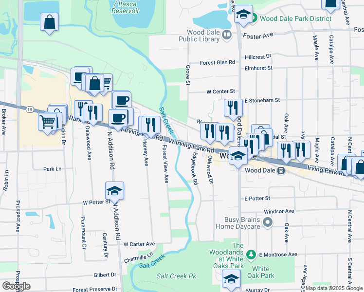 map of restaurants, bars, coffee shops, grocery stores, and more near 212 West Irving Park Road in Wood Dale