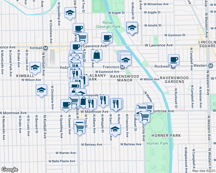 map of restaurants, bars, coffee shops, grocery stores, and more near 4530 North Sacramento Avenue in Chicago