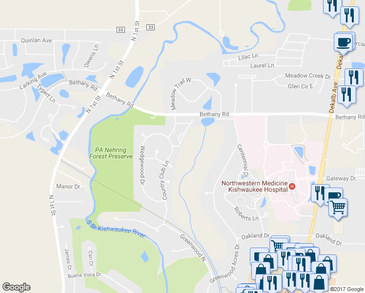 map of restaurants, bars, coffee shops, grocery stores, and more near 3020 Fairway Oaks Drive in DeKalb