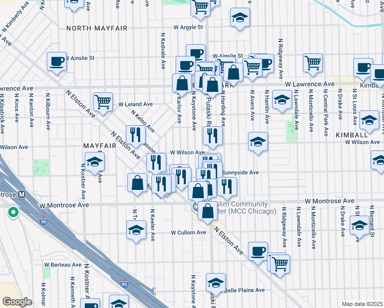map of restaurants, bars, coffee shops, grocery stores, and more near 4551 North Keystone Avenue in Chicago