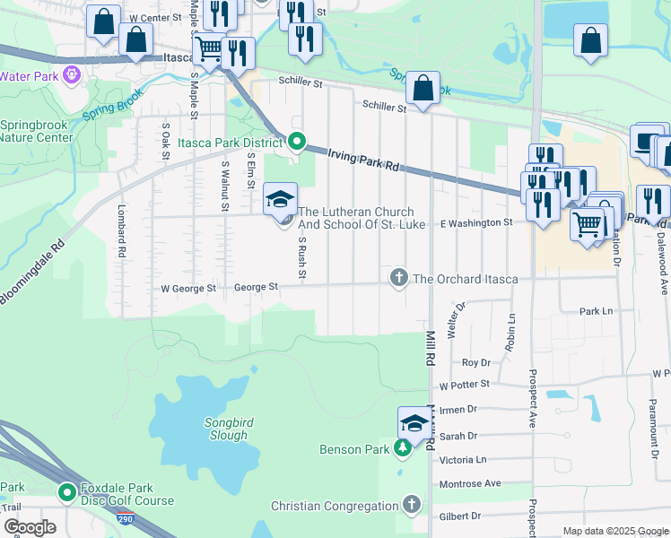 map of restaurants, bars, coffee shops, grocery stores, and more near 453 South Cherry Street in Itasca