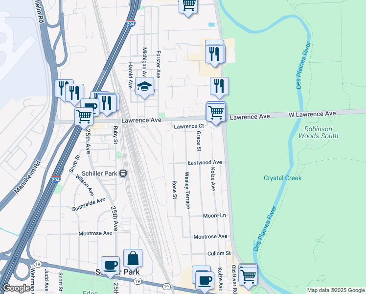 map of restaurants, bars, coffee shops, grocery stores, and more near 4662 Wesley Terrace in Schiller Park