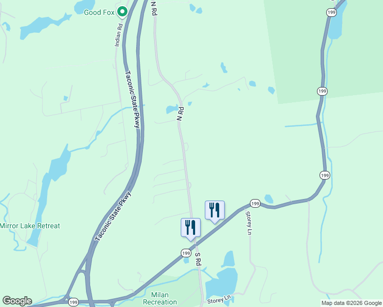 map of restaurants, bars, coffee shops, grocery stores, and more near 84 North Road in Red Hook