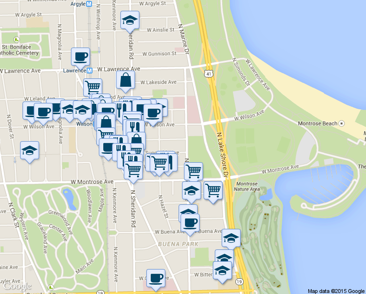 map of restaurants, bars, coffee shops, grocery stores, and more near 820 West Sunnyside Avenue in Chicago