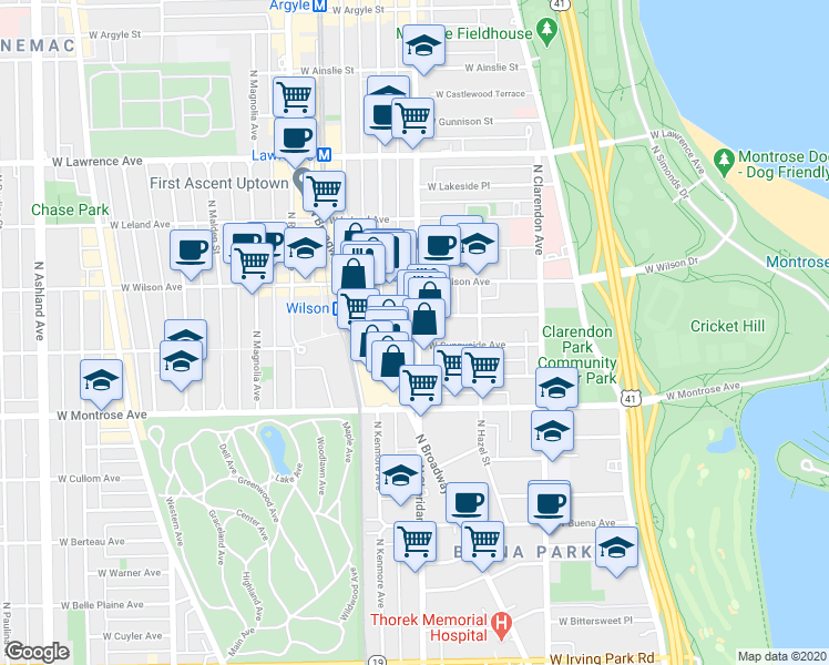 map of restaurants, bars, coffee shops, grocery stores, and more near 4500 North Sheridan Road in Chicago