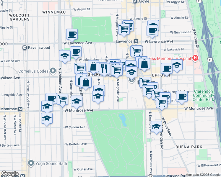 map of restaurants, bars, coffee shops, grocery stores, and more near 4510 North Magnolia Avenue in Chicago