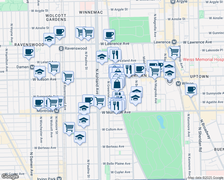 map of restaurants, bars, coffee shops, grocery stores, and more near 4517 North Greenview Avenue in Chicago