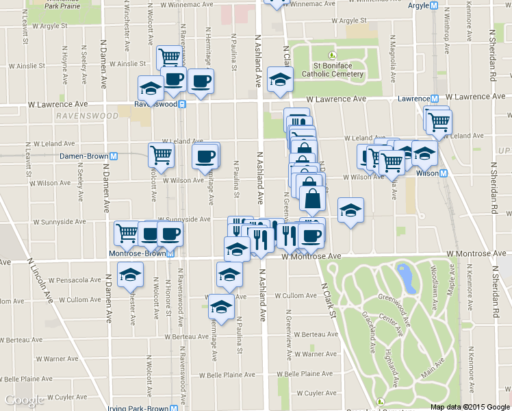 map of restaurants, bars, coffee shops, grocery stores, and more near 4517 North Ashland Avenue in Chicago