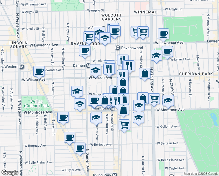 map of restaurants, bars, coffee shops, grocery stores, and more near 4510 North Ravenswood Avenue in Chicago