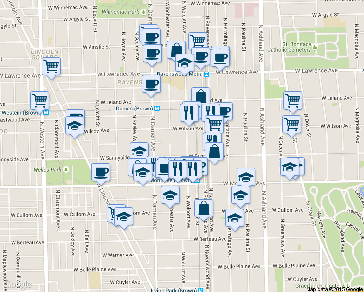 map of restaurants, bars, coffee shops, grocery stores, and more near 4520 North Wolcott Avenue in Chicago