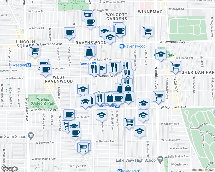 map of restaurants, bars, coffee shops, grocery stores, and more near 4520 North Wolcott Avenue in Chicago