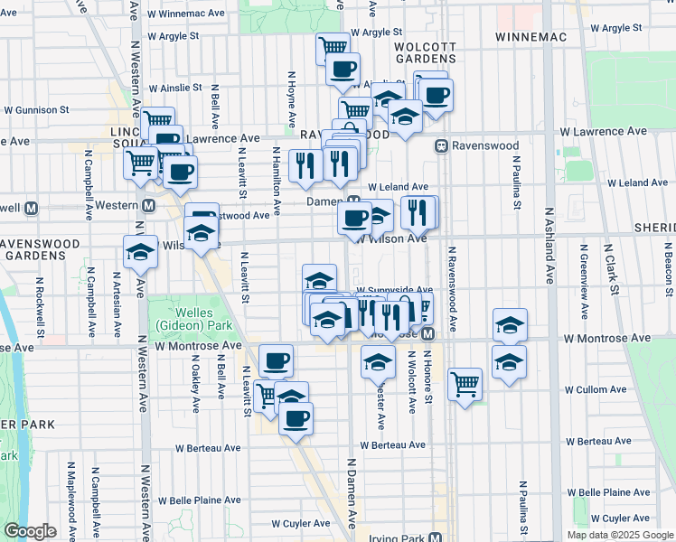 map of restaurants, bars, coffee shops, grocery stores, and more near 4526 North Damen Avenue in Chicago