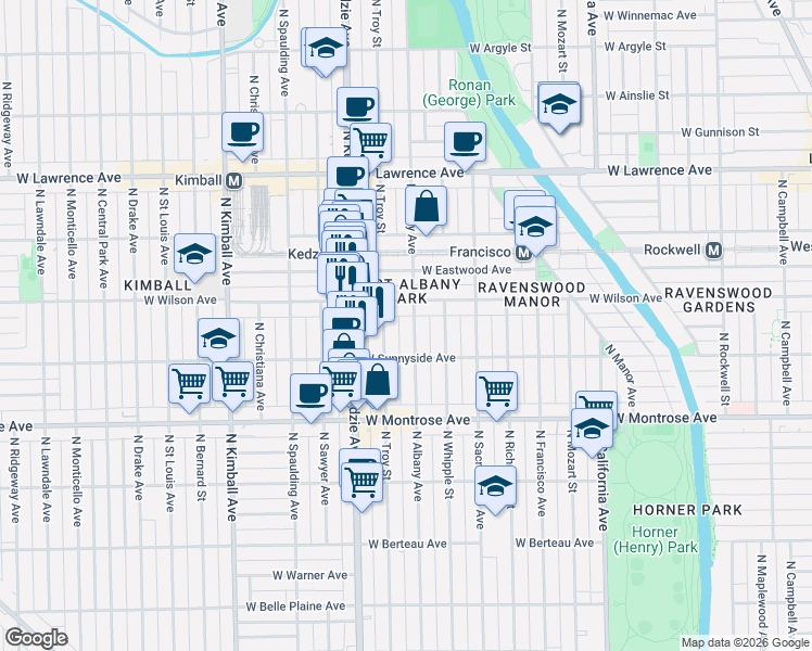 map of restaurants, bars, coffee shops, grocery stores, and more near 4531 North Troy Street in Chicago