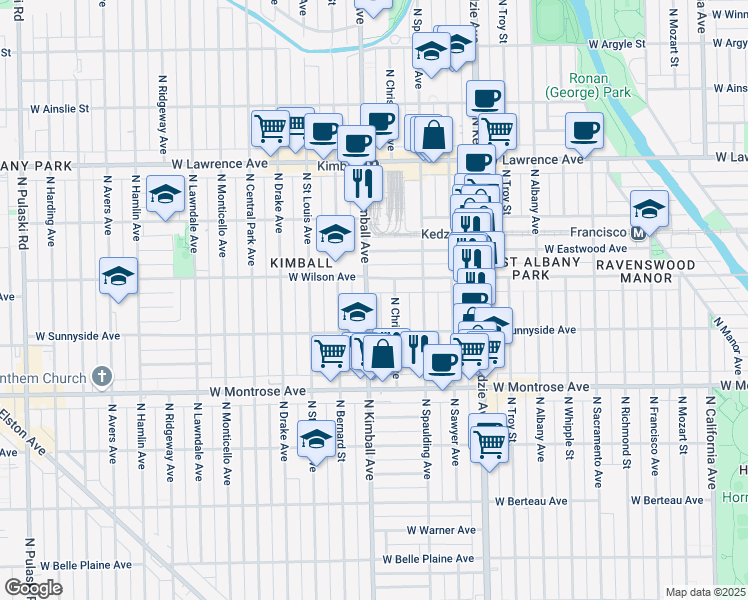 map of restaurants, bars, coffee shops, grocery stores, and more near 4534 North Christiana Avenue in Chicago