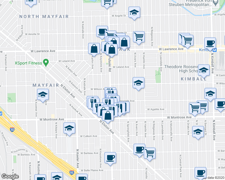 map of restaurants, bars, coffee shops, grocery stores, and more near 4553 North Pulaski Road in Chicago