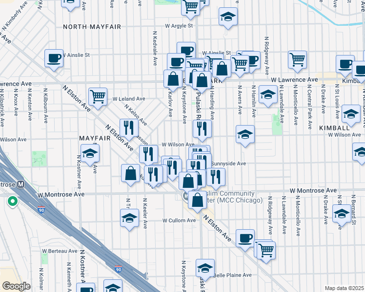 map of restaurants, bars, coffee shops, grocery stores, and more near 4551 North Keystone Avenue in Chicago