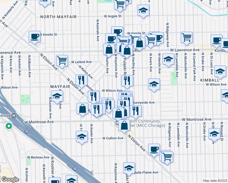 map of restaurants, bars, coffee shops, grocery stores, and more near 4551 North Keystone Avenue in Chicago