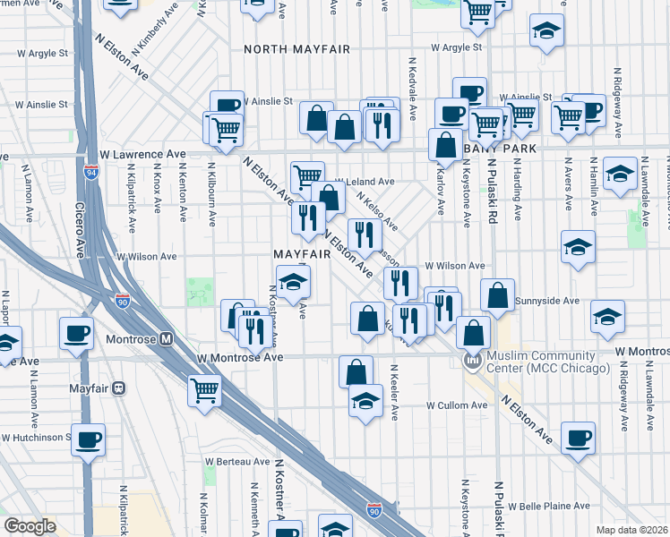 map of restaurants, bars, coffee shops, grocery stores, and more near 4543 North Kildare Avenue in Chicago
