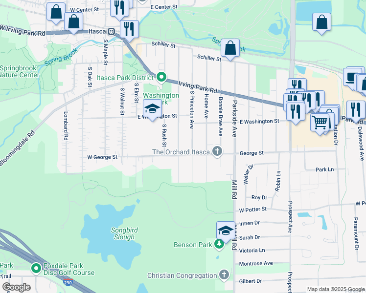 map of restaurants, bars, coffee shops, grocery stores, and more near 453 South Cherry Street in Itasca