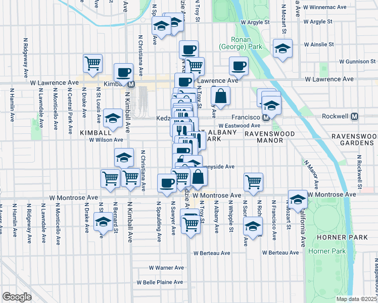 map of restaurants, bars, coffee shops, grocery stores, and more near 4533 North Kedzie Avenue in Chicago
