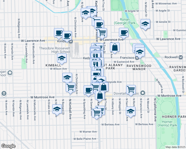 map of restaurants, bars, coffee shops, grocery stores, and more near 4533 North Sawyer Avenue in Chicago