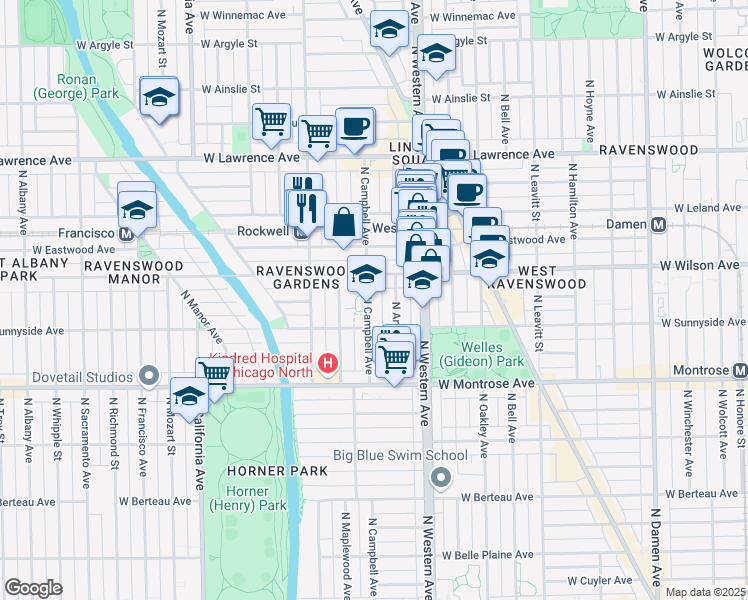 map of restaurants, bars, coffee shops, grocery stores, and more near 4529 North Campbell Avenue in Chicago