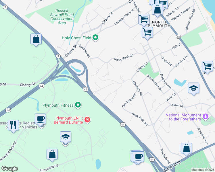 map of restaurants, bars, coffee shops, grocery stores, and more near 76 Liberty Street in Plymouth