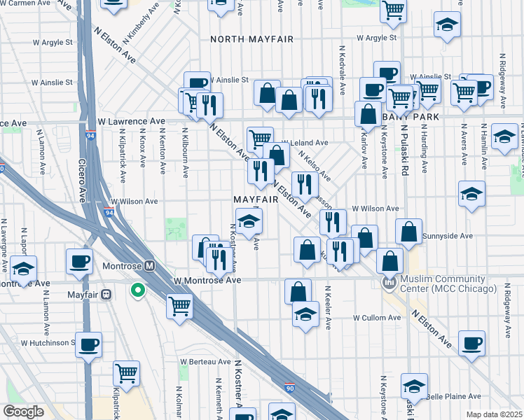 map of restaurants, bars, coffee shops, grocery stores, and more near 4545 North Lowell Avenue in Chicago