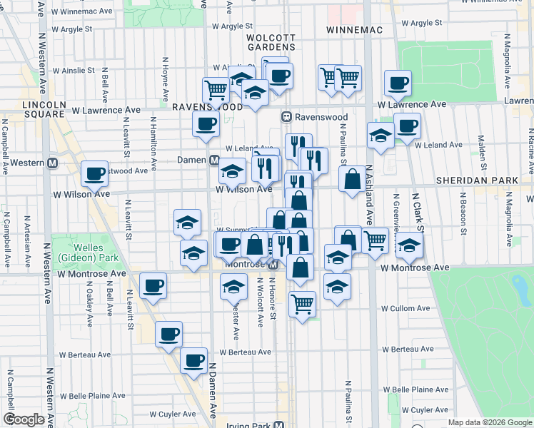 map of restaurants, bars, coffee shops, grocery stores, and more near 4527 North Wolcott Avenue in Chicago
