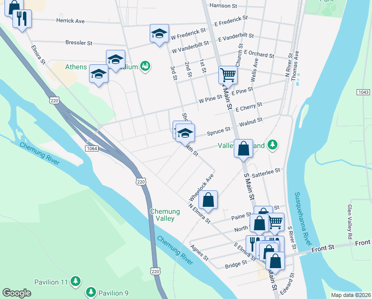 map of restaurants, bars, coffee shops, grocery stores, and more near 253 Pennsylvania Avenue in Athens