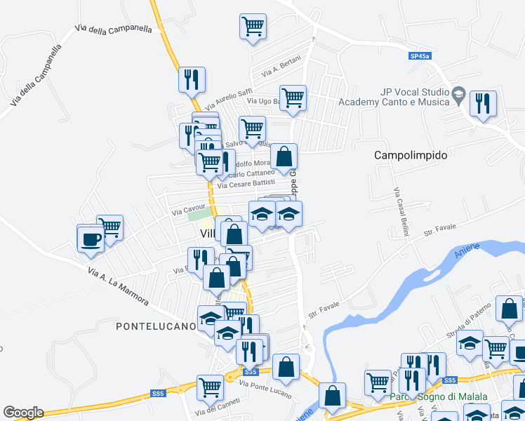map of restaurants, bars, coffee shops, grocery stores, and more near 33 Via Nazario Sauro in Villanova
