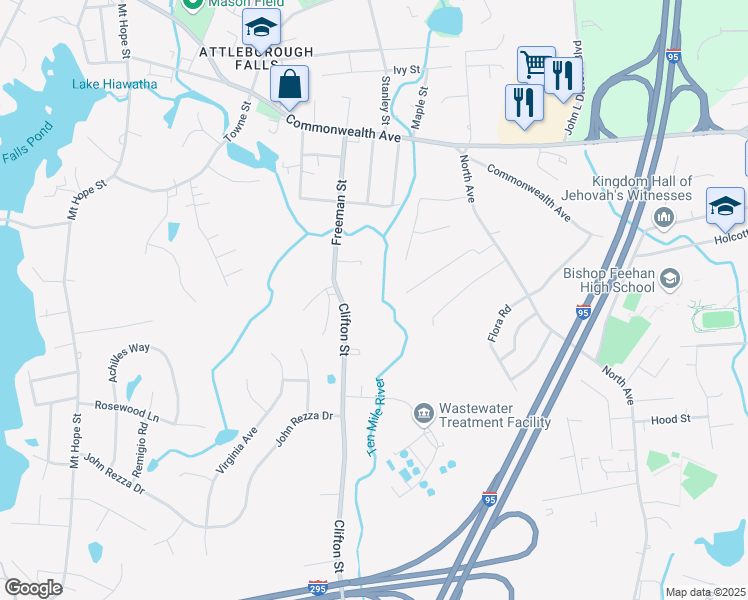 map of restaurants, bars, coffee shops, grocery stores, and more near 114 Freeman Street in North Attleborough