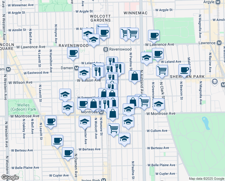 map of restaurants, bars, coffee shops, grocery stores, and more near 4521 N Ravenswood Ave in Chicago