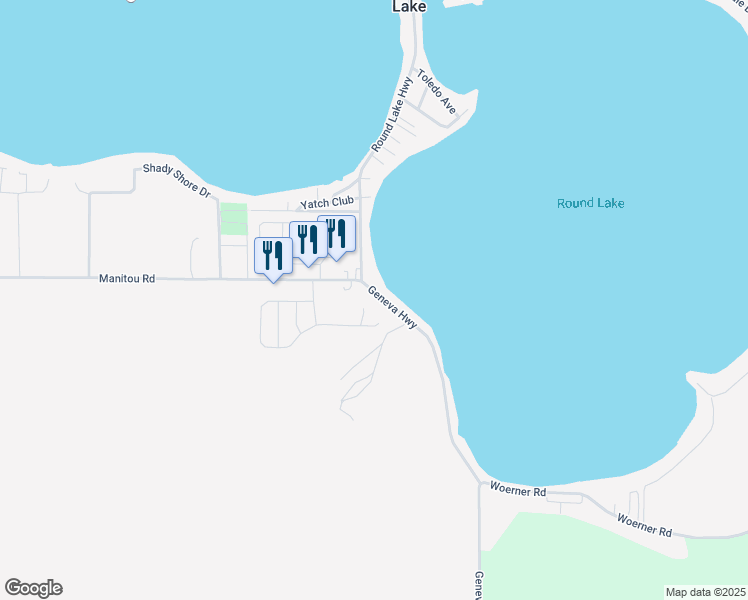 map of restaurants, bars, coffee shops, grocery stores, and more near 2155 Geneva Highway in Manitou Beach-Devils Lake