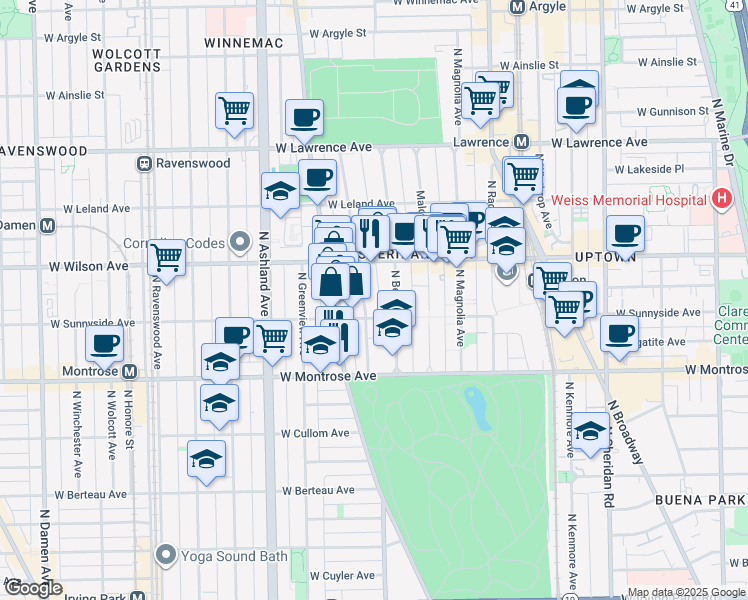 map of restaurants, bars, coffee shops, grocery stores, and more near 4517 North Dover Street in Chicago