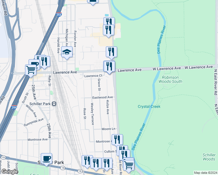 map of restaurants, bars, coffee shops, grocery stores, and more near 4661 Kolze Avenue in Schiller Park