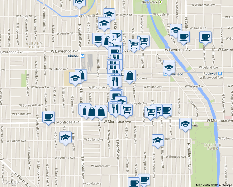 map of restaurants, bars, coffee shops, grocery stores, and more near 4540 North Kedzie Avenue in Chicago