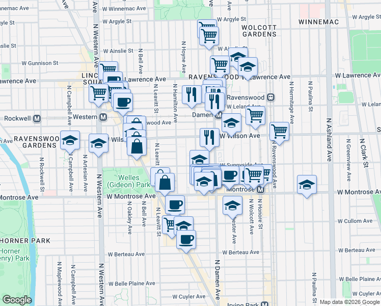 map of restaurants, bars, coffee shops, grocery stores, and more near 4520 North Seeley Avenue in Chicago