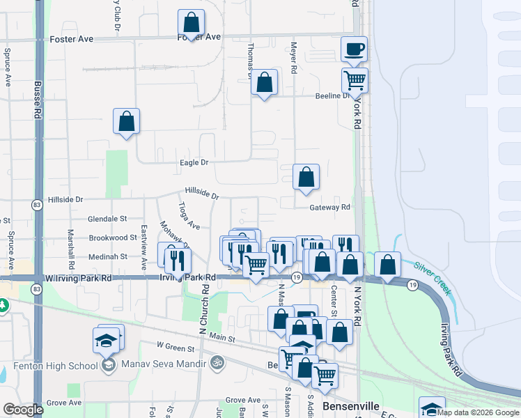 map of restaurants, bars, coffee shops, grocery stores, and more near 245 North Walnut Street in Bensenville